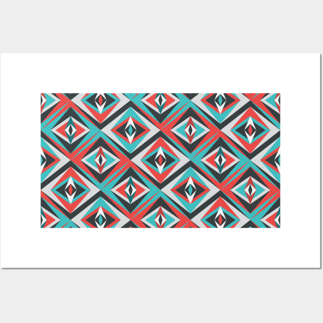 Abstract eye shaped tribal pattern in blue and red Wall Art by Elemesca